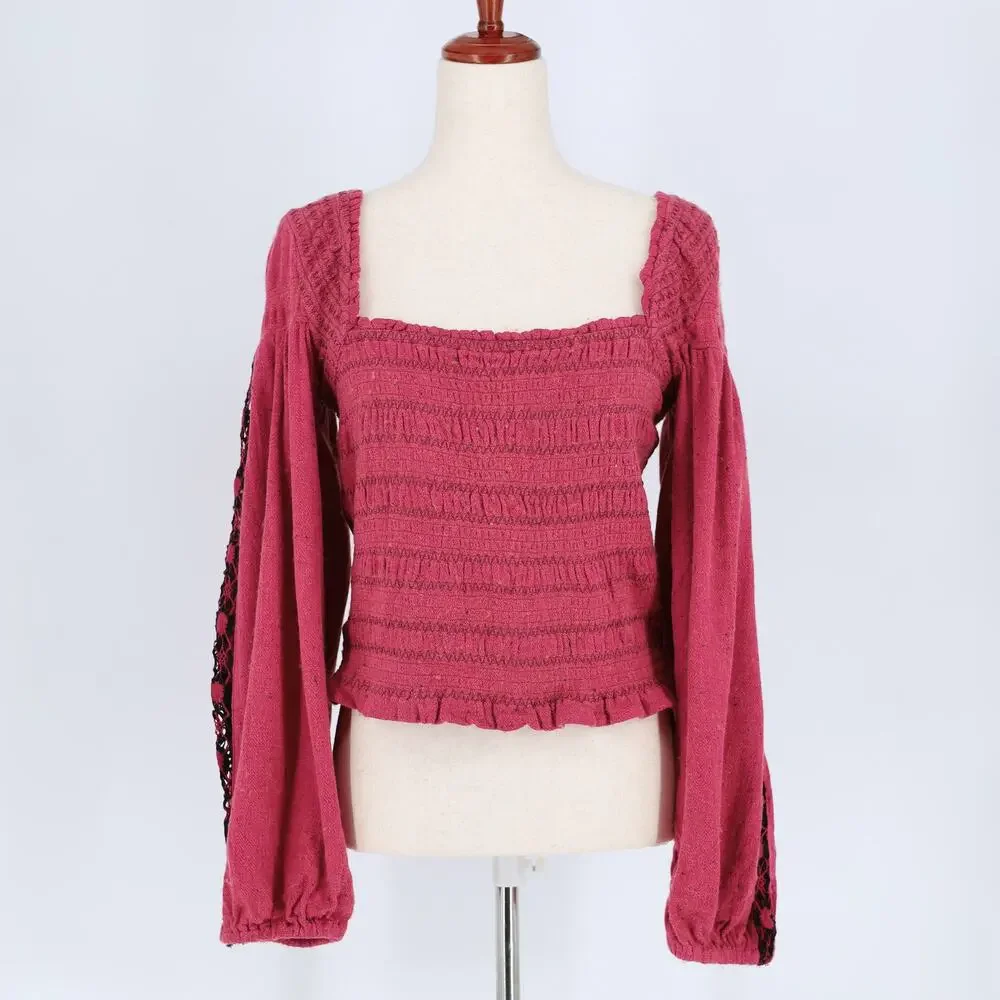 Free People Women Rose Embroidered Maggie Peasant Sleeve Bohemian Top Size M